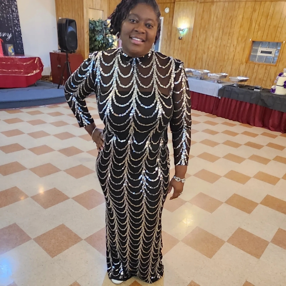 Black high neck sequin dress